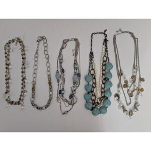 5 Necklaces Lot: Light Blue Veined Beads, Faux Pearl, Chunky Chain, Resale